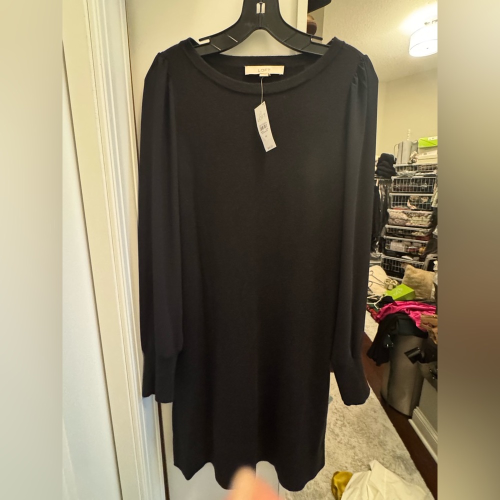 LOFT Black Long Sleeve Shift Dress with Crew Neck